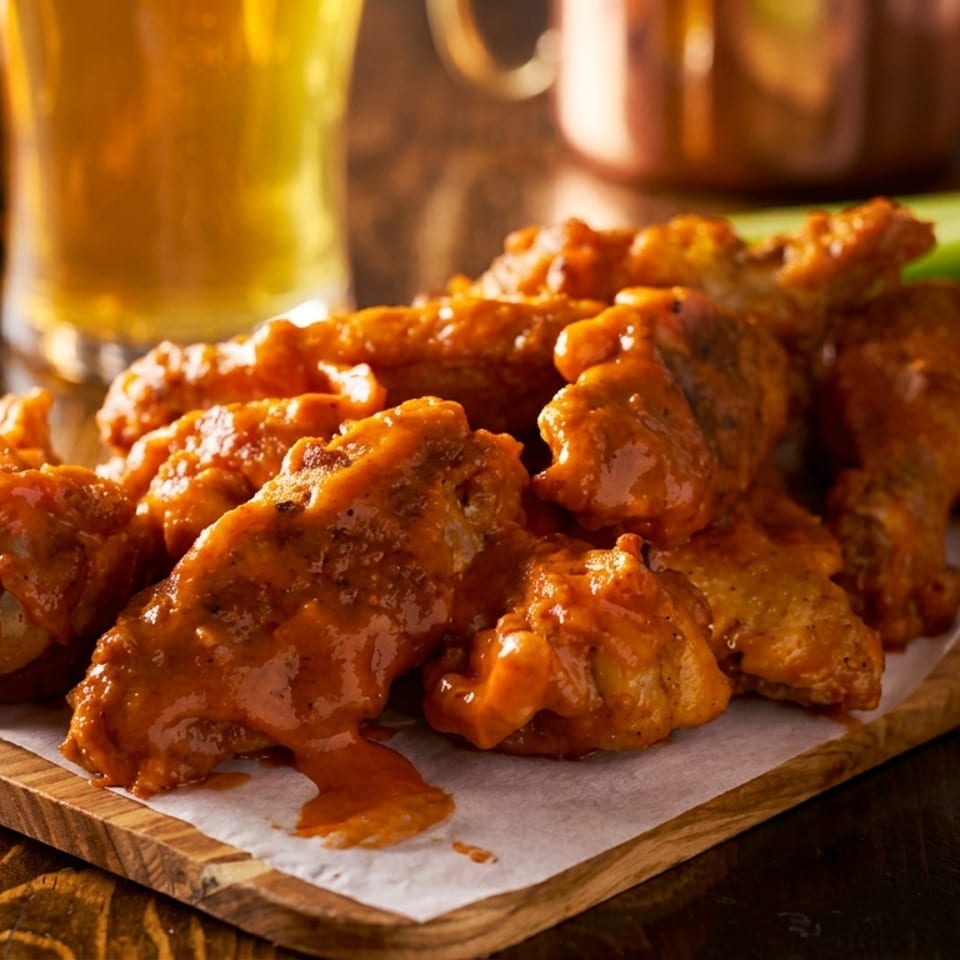 Saucy buffalo chicken wings on a wooden board, with beer, celery, and dipping sauce.