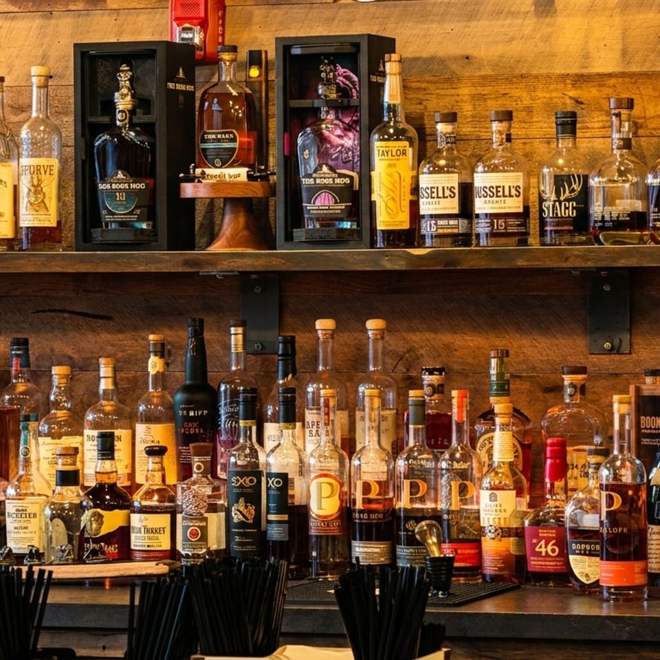 Rows of various whiskey and bourbon bottles line a bar's wooden shelves and counter.