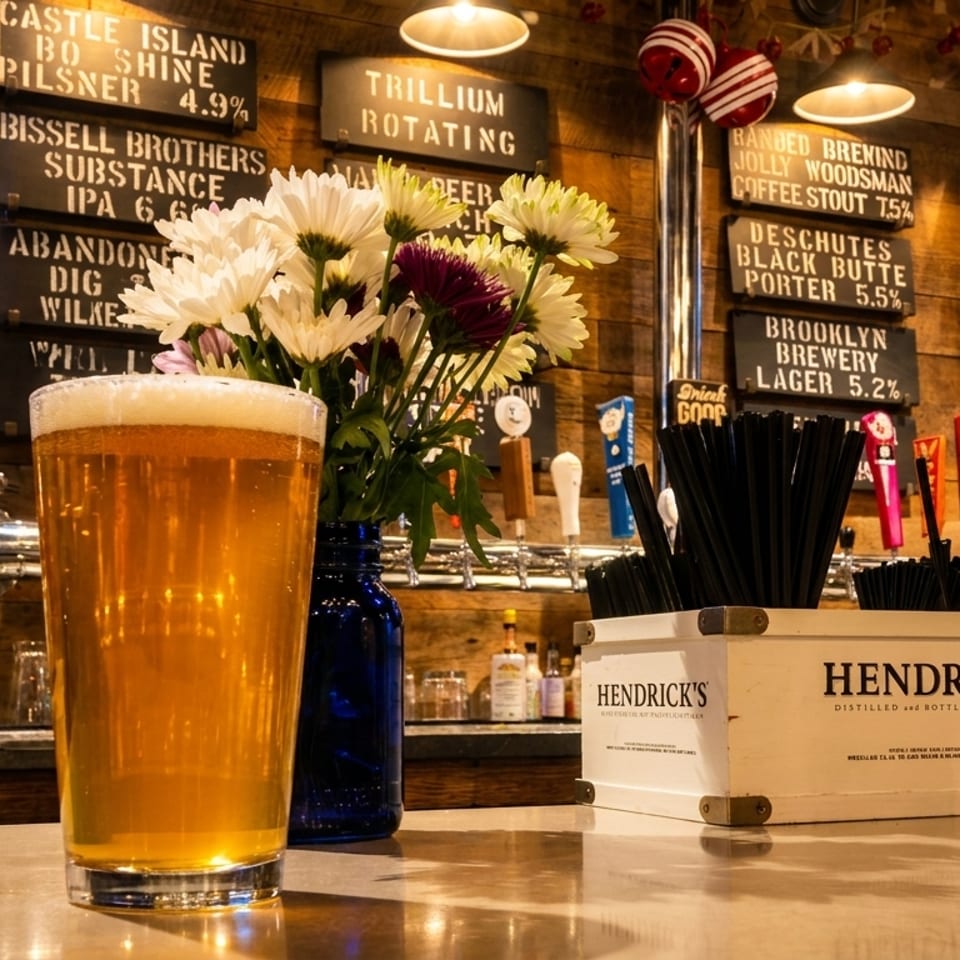 A pint of beer on a bar counter with flowers, beer taps, and menu boards in a rustic bar.