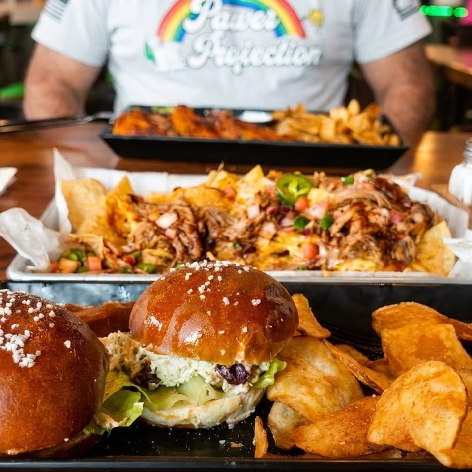 Two sliders with chips, loaded nachos, and a beer on a restaurant table.