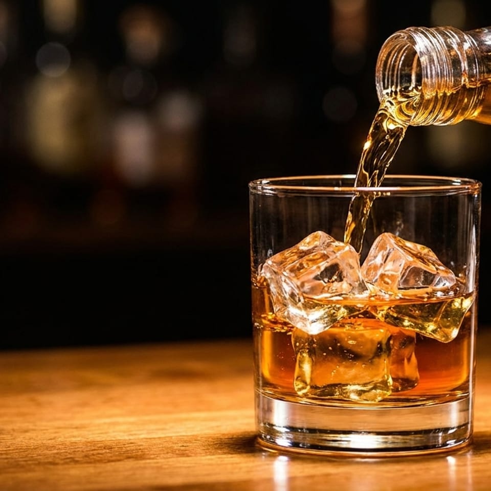 A hand pours amber whiskey from a bottle into a glass with ice on a dark bar.