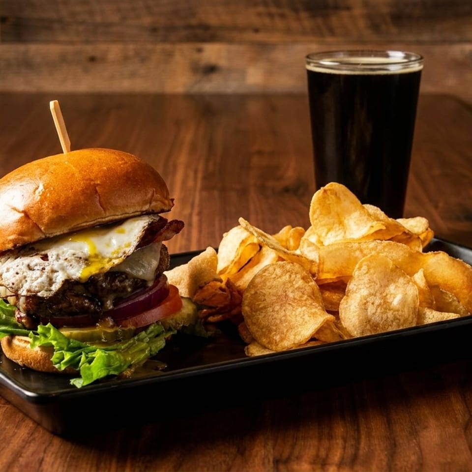 Burger with fried egg, bacon, cheese, lettuce, tomato, onion, chips, and dark beer.