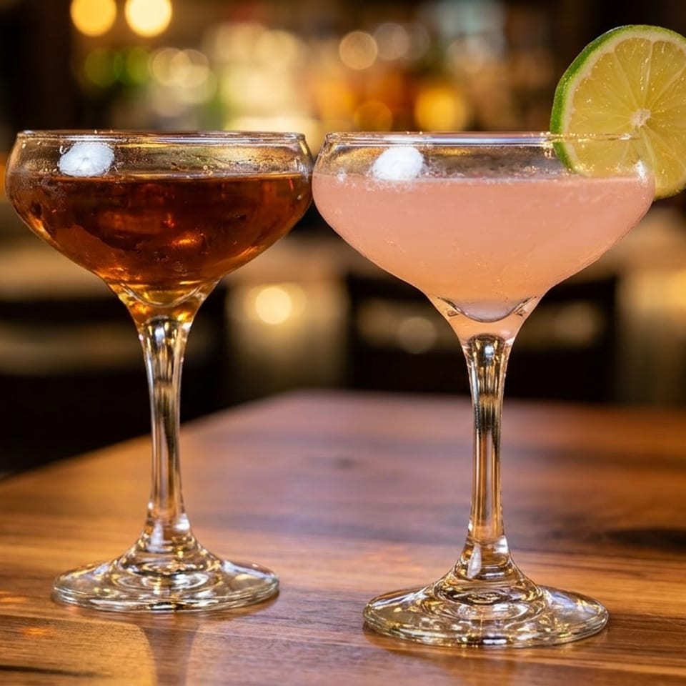 Two cocktails, one amber and one pink with a lime, on a wooden bar table.