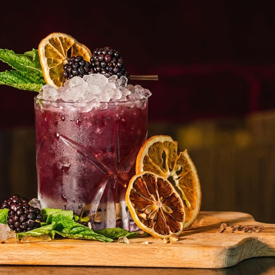 Refreshing berry cocktail garnished with blackberries, mint, and dried orange, served on a wooden board.